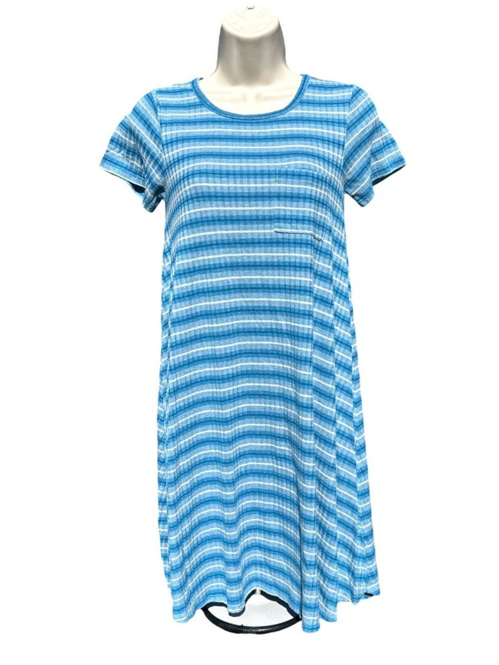 LuLaRoe XXS Blue Striped Carly Swing Dress High Low Hem Pocket Casual Stretch